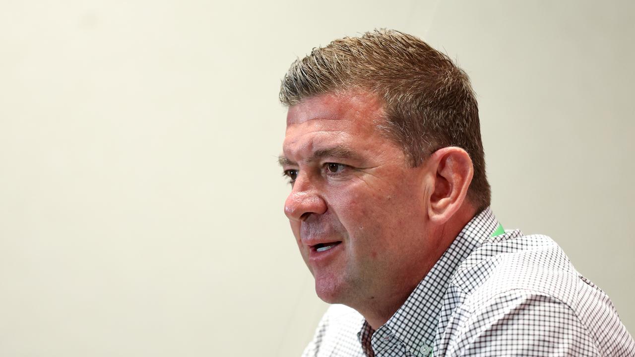 SYDNEY, AUSTRALIA - APRIL 13: Rabbitohs coach, Jason Demetriou speaks to the media following the round six NRL match between South Sydney Rabbitohs and Cronulla Sharks at Accor Stadium, on April 13, 2024, in Sydney, Australia. (Photo by Brendon Thorne/Getty Images)