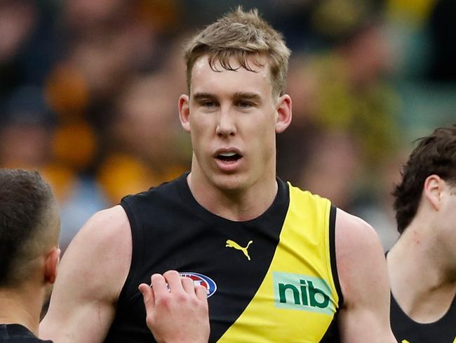 MELBOURNE, AUSTRALIA - AUGUST 14: Tom J. Lynch of the Tigers celebrates a goal during the 2022 AFL Round 22 match between the Richmond Tigers and the Hawthorn Hawks at the Melbourne Cricket Ground on August 14, 2022 in Melbourne, Australia. (Photo by Dylan Burns/AFL Photos via Getty Images)