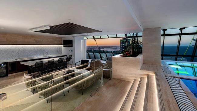 The entertaining area next to the pool in the Surfers Paradise penthouse owned by Culture Kings founders Simon and Tah-nee Beard. Image supplied.