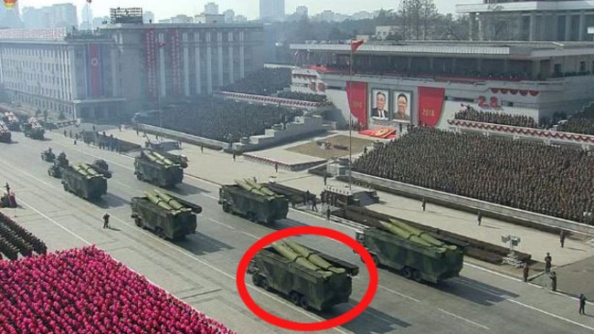 A new missile on show at North Korea military parade. Picture: KCNA/AFP