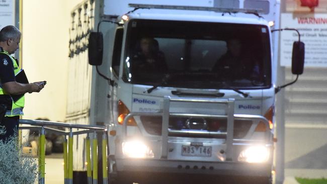 A Police prisoner transport van exits the Parkville Youth Justice Precint after the matter was resolved. Picture: Tony Gough