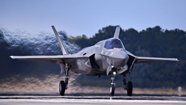 (FILES) In this file photo taken on March 7, 2016, an F-35B Lightning II combat aircraft is seen on the runway at Marine Corps Air Station Beaufort in Beaufort, South Carolina. - The Pentagon grounded the global fleet of F-35 stealth fighters on October 11, 2018, as a result of the first ever crash of the costliest plane in history. A US Marine Corps F-35B was completely destroyed in a crash during training in South Carolina on September 28. The pilot safely ejected. (Photo by JEFF J MITCHELL / GETTY IMAGES NORTH AMERICA / AFP)