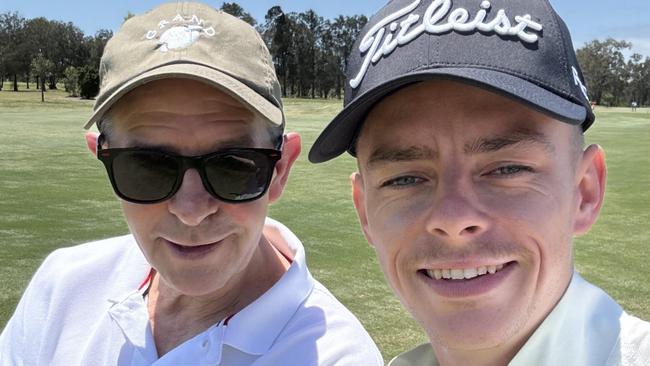 Melbourne Cup jockey Robbie Dolan (right) with his father Bobby, who has come out from Ireland to surprise him. Pictured on Sunday watching the Queensland PGA Championship at Nudgee. Picture: Supplied by Robbie Dolan