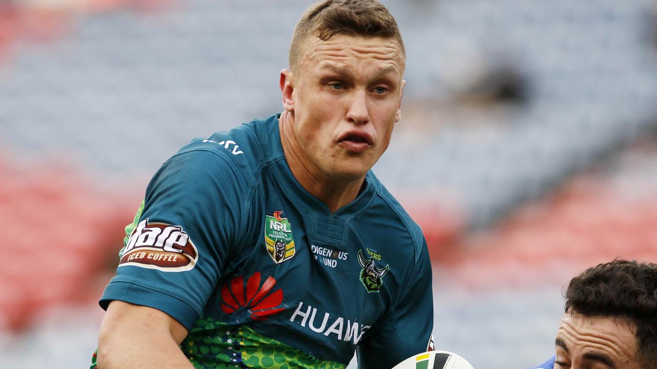 Jack Wighton of the Raiders is tackled.