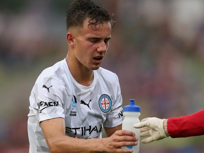 Melbourne City’s Denis Genreau is in doubt for the derby after coming off with a shoulder injury in the Round 10 win over Newcastle Jets. Picture: Getty Images