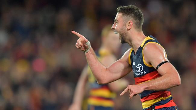 Rory Atkins celebrates at goal this season. Picture: David Mariuz (AAP).