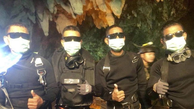 The last four Thai Navy SEALs emerge safely from the cave. Picture: Royal Thai Navy via AP.