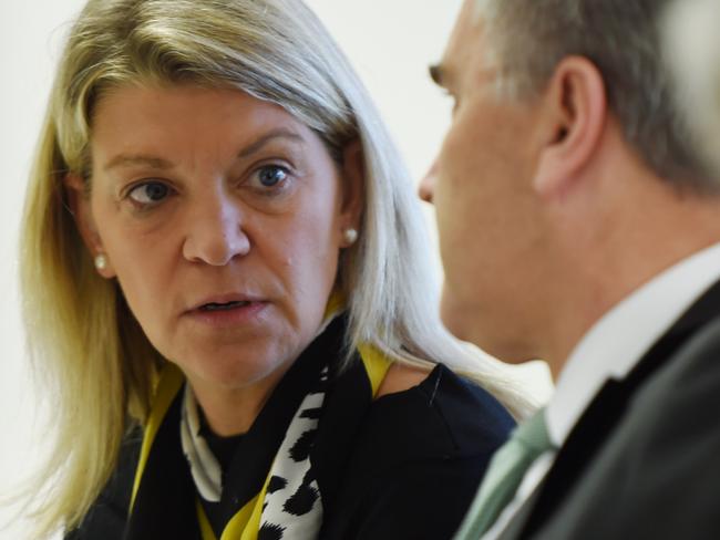 Australian Olympic Committee (AOC) board member and Rio chef de mission Kitty Chiller (left) waits for six-time Olympian and two-time gold medalist for shooting Michael Diamond to arrive at AOC headquarters in Sydney, Thursday, June 30, 2016. Diamond will face the AOC board to show cause why he should be allowed to compete at the Rio Games, after his shooting licence was suspended last month after he was charged with drink-drinking and firearms offences last month in Shoal Bay, near Newcastle. (AAP Image/Dean Lewins) NO ARCHIVING