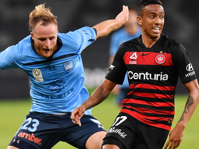 Ryan Grant of Sydney and Keanu Baccus of the Wanderers during the Round 24 A-League match between Western Sydney Wanderers and Sydney FC at Bankwest Stadium, Parramatta in Sydney, Saturday, March 21, 2020. (AAP Image/Dean Lewins) NO ARCHIVING, EDITORIAL USE ONLY