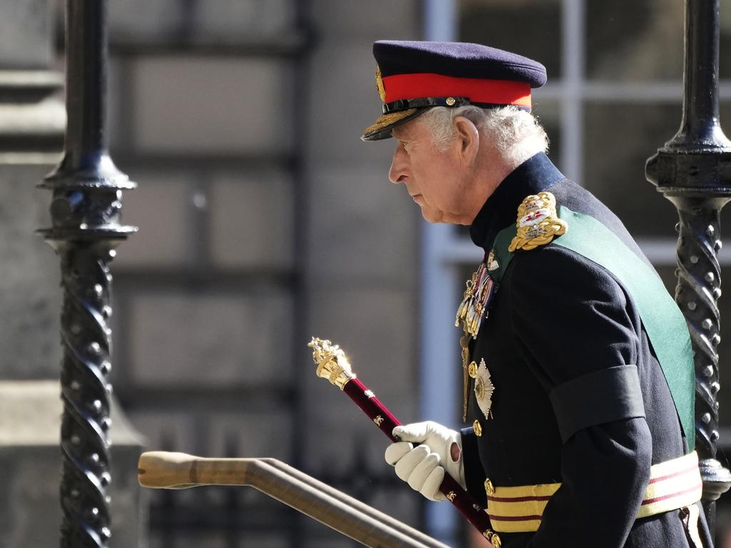 King Charles III arrives with Queen Elizabeth II’s funeral cortege as it made its way along The Royal Mile to St Giles Cathedral in Edinburgh, Scotland. Picture: Christopher Furlong/Getty Images