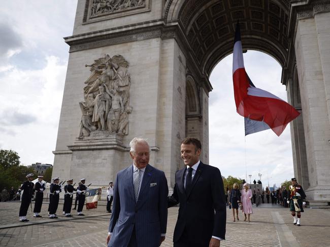 King Charles III and French President Emmanuel Macron at the Arc de Triomphe. Picture: AFP