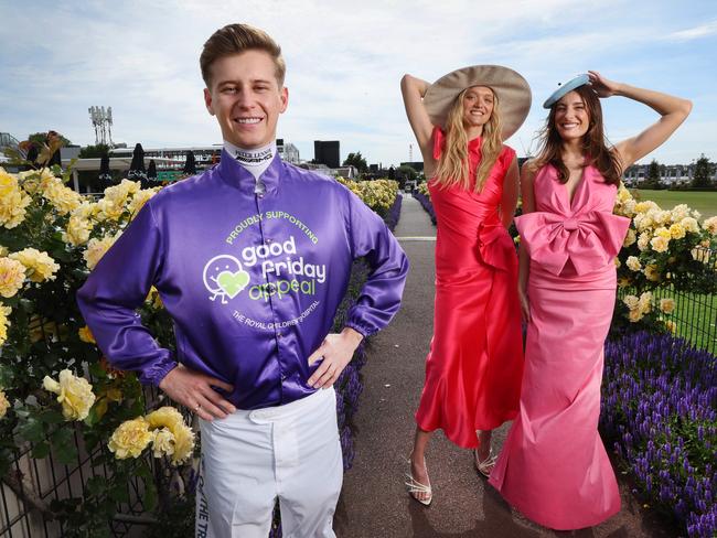 Melbourne Cup Carnival. 2024 Crown Oaks Day. Jockey Fred Kersley wearing Good Friday Appeal silks with Gemma Ward, and Rebecca Harding special guests of 2024 Crown Oaks Day. Picture: David Caird