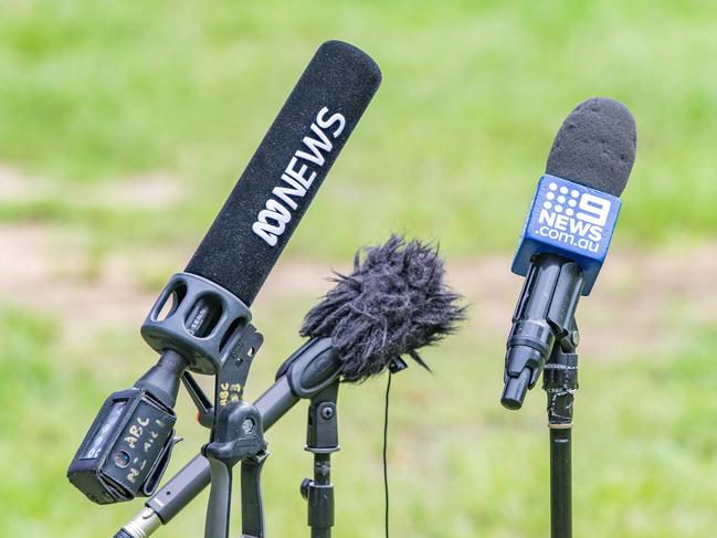 Generic photo of ABC News and Nine News microphones at press conference, Saturday, November 27, 2021 - Picture: Richard Walker