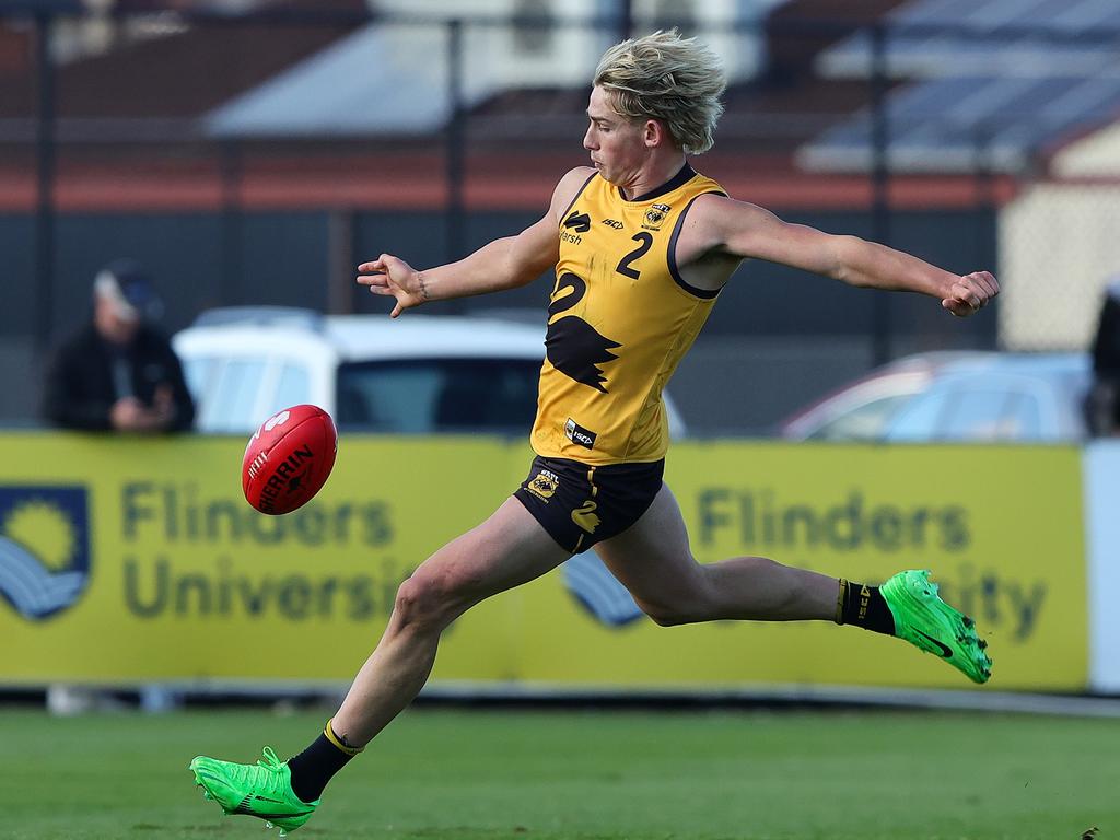 Luke Urquhart made his mark at Alberton Oval on Sunday. Picture: Sarah Reed/AFL Photos