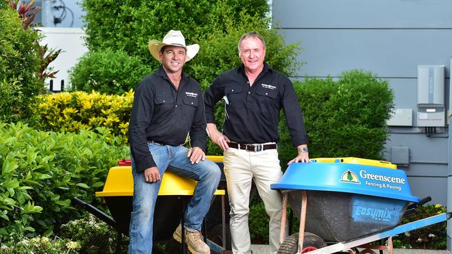 Directors of Toolspace Pty Ltd Jason Chester and Perry McDonald with examples of their invention Barrowmate, a genius concept of a wheel barrow with a lid. Picture: Shae Beplate.