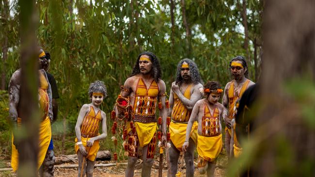 Cedric Marika with Yolngu Dancers during the Garma Festival 2022. Picture: Tamati Smith/ Getty Images