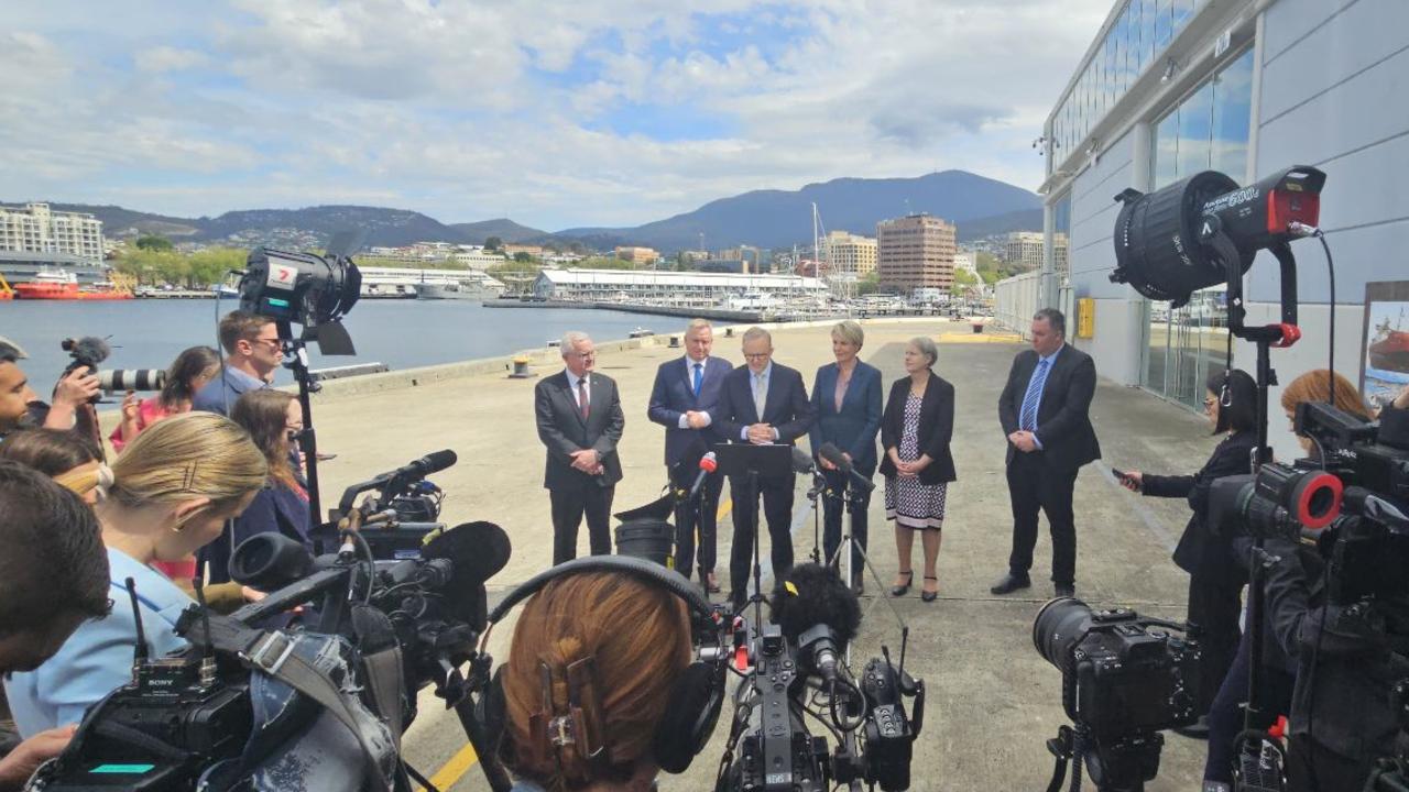 Media pack with Prime Minister Anthony Albanese at the announcement of the federal government handing over $188m for Macquarie Wharf upgrades, locking in the Antarctic program's future in Hobart for the next 30 years. Picture: David Killick