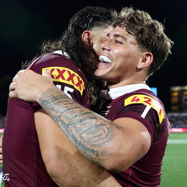 Tino Fa'asuamaleaui and Reece Walsh celebrate. Picture: Getty