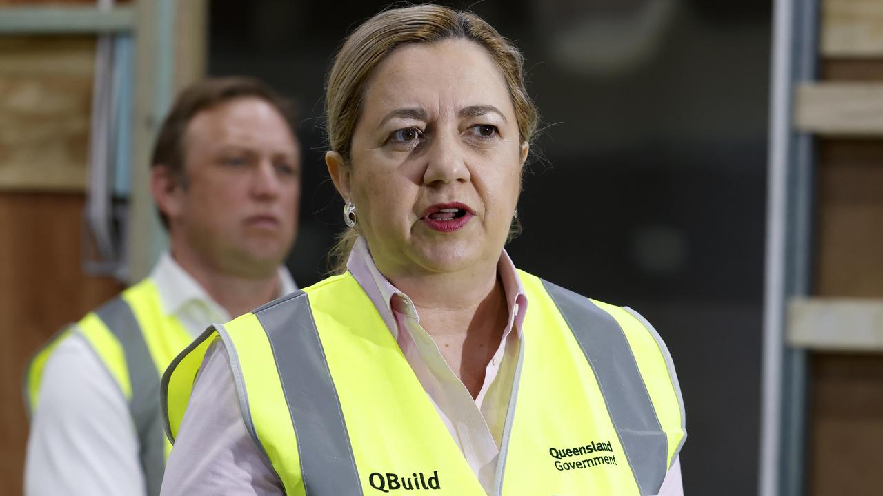 Premier Annastacia Palaszczuk holds a media conference at Q Build where prefabricated homes are under construction as the housing crisis continues. Picture: NewsWire/Sarah Marshall