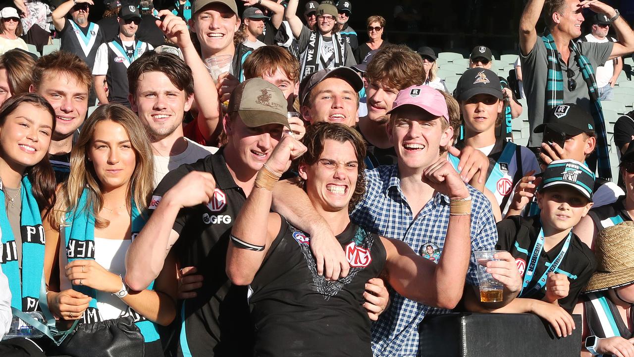 Ollie Lord had family and friends aplenty on hand to celebrate his debut. (Photo by Sarah Reed/AFL Photos via Getty Images)