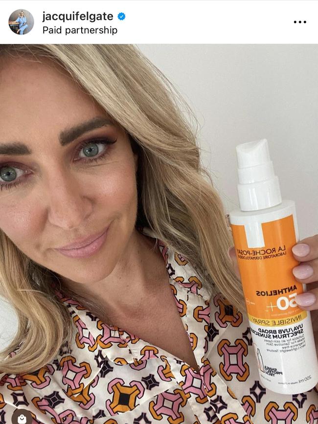 3AW broadcaster Jacqui Felgate in a social media post promoting sunscreen. Picture: Instagram