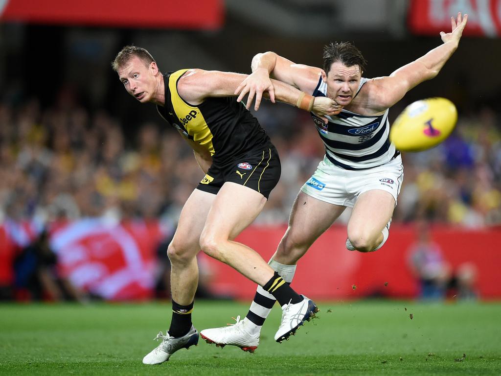 Dylan Grimes kept Dangerfield locked up. (Photo by Matt Roberts/AFL Photos/via Getty Images)