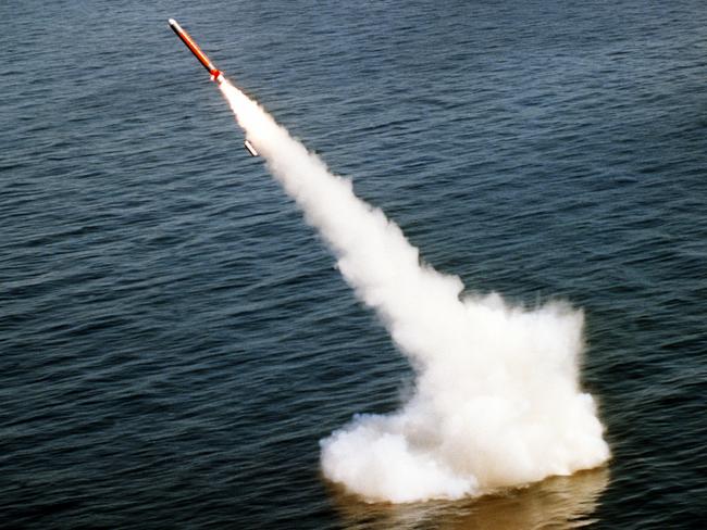 A Tomahawk cruise missile is launched from the nuclear-powered attack submarine USS LA JOLLA (SSN-701) on the Pacific Missile Test Center (PMTC) range.