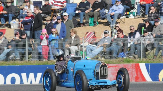 Historic Winton race day Andrew Cannon leaning out of his 1928 Bugatti 37A