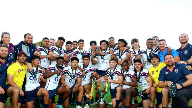 National Schoolboys Cup rugby league grand final between Ipswich SHS (white shirt) and Patrician Brothers Fairfield. – Redcliffe 14th September 2022 Picture David Clark