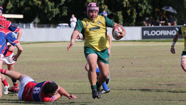 Action galleries of the junior rugby union grand finals, match played at Surfers Paradise Home Ground. Surfers Paradise Dolphins Vs Bond pirates under 18s division. Surfers Player 8 Jat White. Picture Mike Batterham