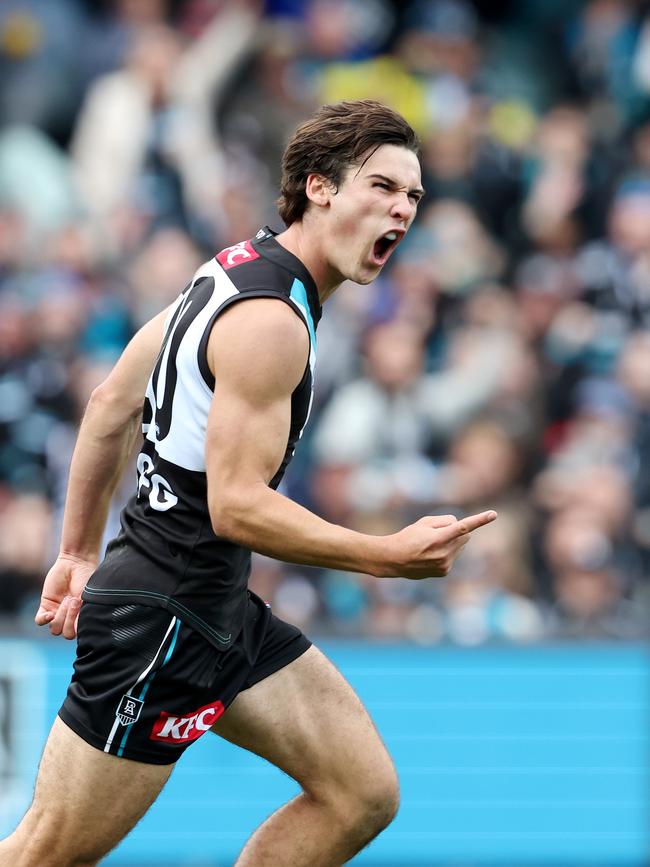 Connor Rozee celebrates after kicking a goal in 2023. Picture: Sarah Reed/AFL Photos via Getty Images