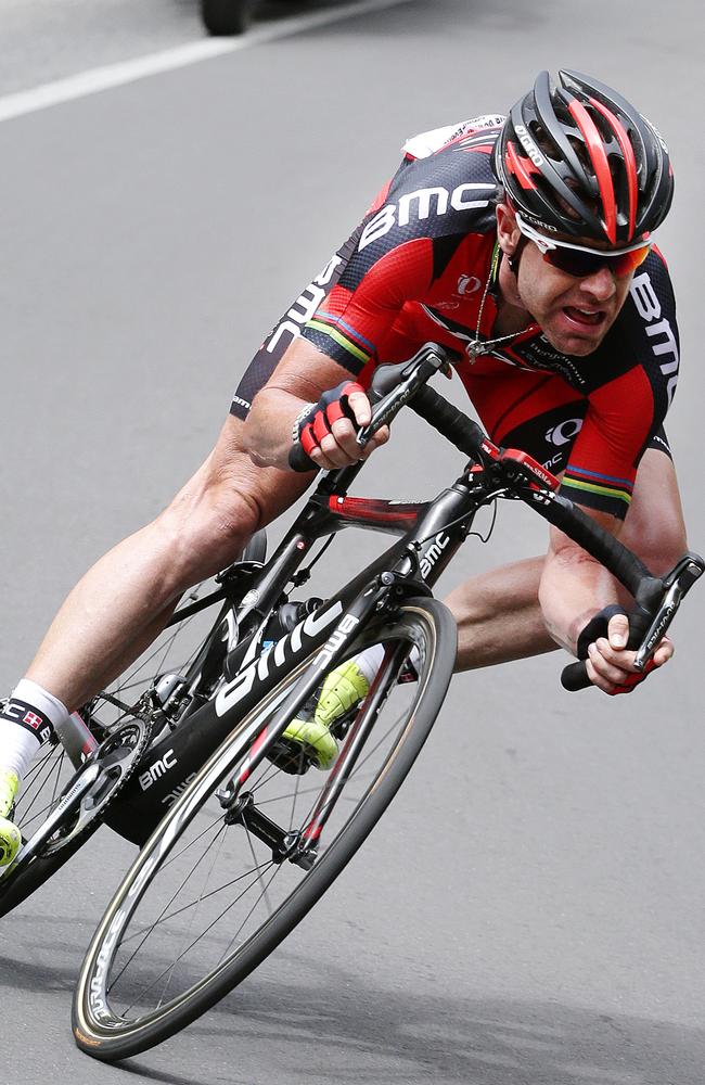 Cadel Evans on his way to conquering Corkscrew Road and winning Stage 3 of the TDU in 2014. Picture: Sarah Reed.