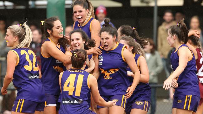 Vermont celebrates a goal late in the final quarter. Picture: Hamish Blair