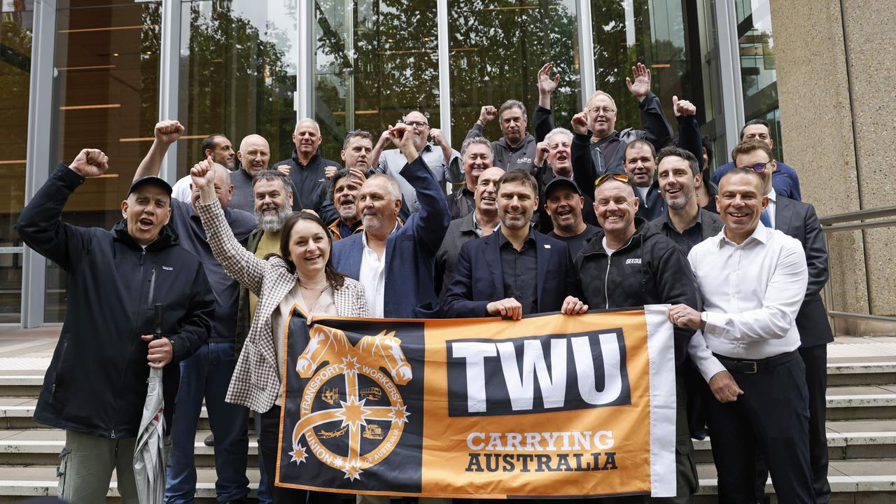 TWU gathered outside court after Qantas was ordered to pay $170,000 in compensation on Monday. Picture: NewsWire / Damian Shaw