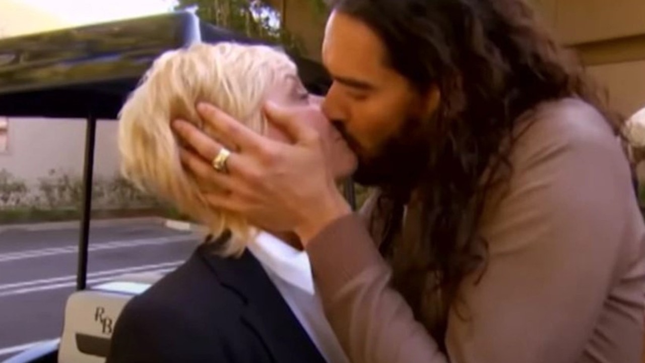 Russell Brand forcing a kiss upon journalist Liz Hayes in 2012. Picture: Channel 9