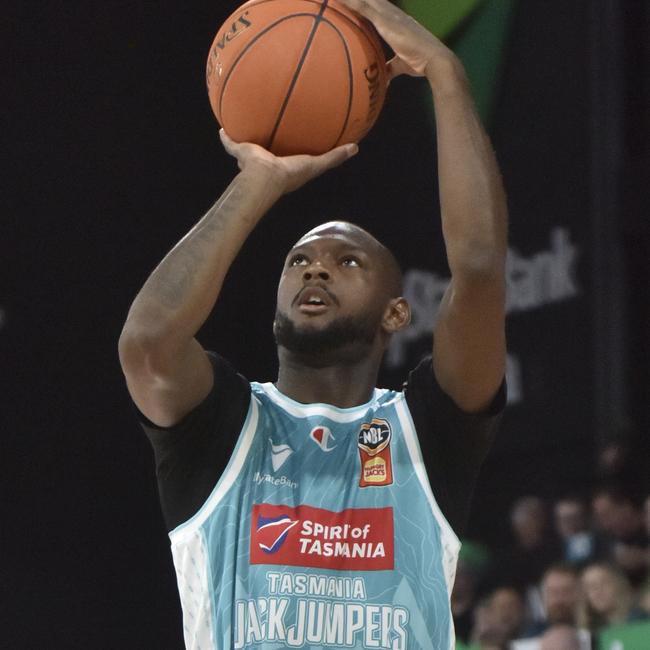 HOBART, AUSTRALIA - FEBRUARY 08: Milton Doyle of the Jackjumpers shoots the ball during the round 20 NBL match between Tasmania Jackjumpers and Cairns Taipans at MyState Bank Arena, on February 08, 2025, in Hobart, Australia. (Photo by Simon Sturzaker/Getty Images)