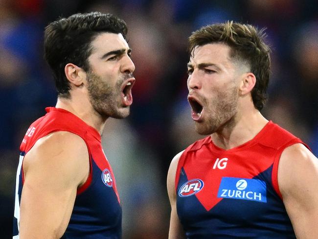 MELBOURNE, AUSTRALIA - JUNE 12: Christian Petracca and Jack Viney of the Demons celebrate winning the round 13 AFL match between Melbourne Demons and Collingwood Magpies at Melbourne Cricket Ground, on June 12, 2023, in Melbourne, Australia. (Photo by Quinn Rooney/Getty Images)