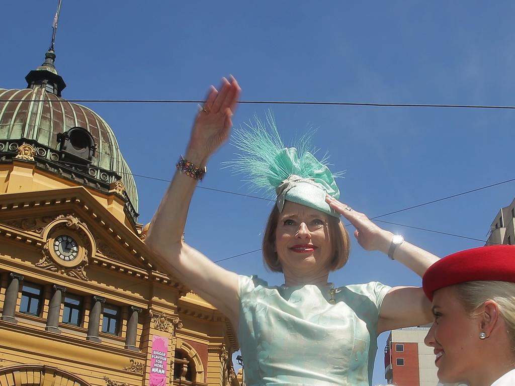 Trainer Gai Waterhouse waves to the crowd during the 2014 Melbourne Cup parade on November 3, 2014 in Melbourne, Australia. Picture: Getty