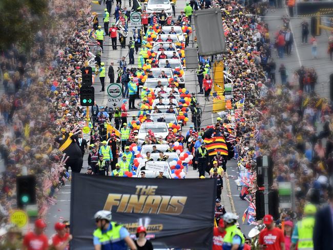 The 2017 AFL Grand Final parade makes it way down Wellington Parade. Picture: AAP