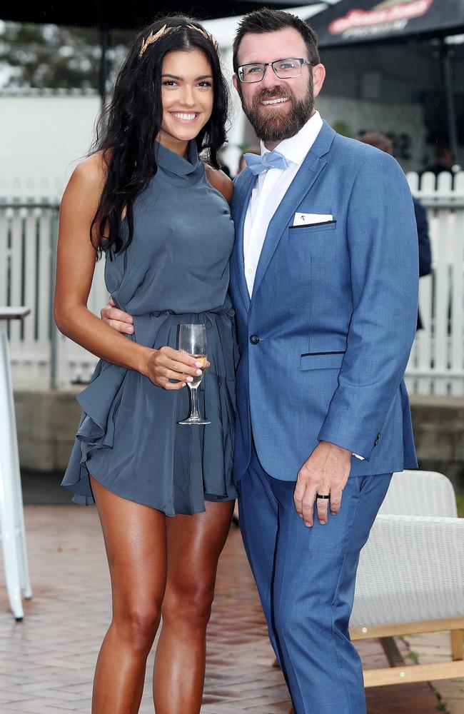 Kip Wightman and wife Amber pictured at the James Boag's Premium Doomben 10,000 in 2017. Picture: Tara Croser.