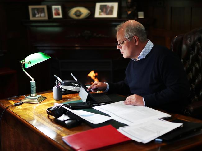 Prime Minister Scott Morrison working on his pre-budget address at The Lodge on Wednesday, September 30, 2020 in Canberra which will be delivered tomorrow at the National Press Club. Picture: Adam Taylor