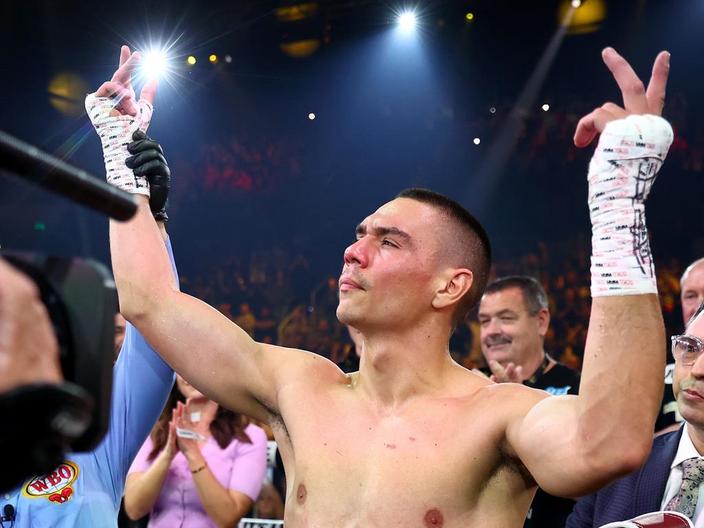 Tim Tszyu celebrates victory over Carlos Ocampo during the WBO Iterim Super-Welterwight title bout at Gold Coast Convention and Entertainment Centre. Picture: Chris Hyde/Getty Images.