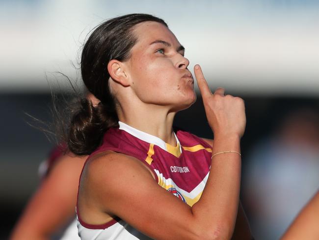 ADELAIDE, AUSTRALIA - FEBRUARY 3: Sophie Conway of the Lions celebrates a goal during the 2018 AFLW Round 01 match between the Adelaide Crows and the Brisbane Lions at Norwood Oval on February 3, 2018 in Adelaide, Australia. (Photo by AFL Media)