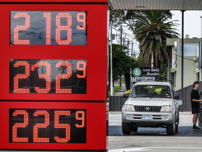Oliver Doyle paid $105.00 to fill his car with only 3/4 of a tank at the AMPOL station on the corner of South Rd and Chesterville Road in Moorabbin. Their unleaded price was 218.19. Picture: Tony Gough