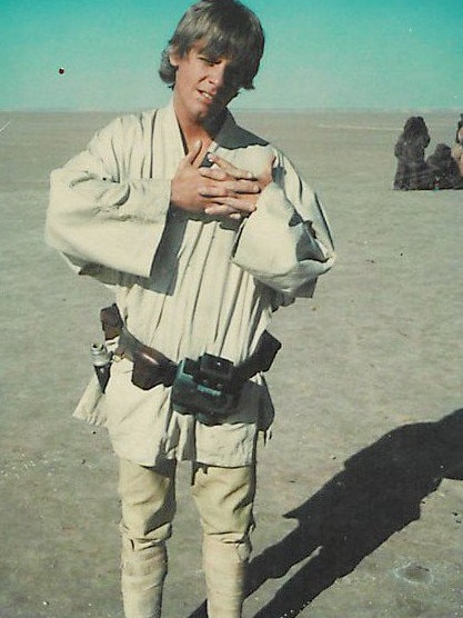 Mark Hamill on the set of Star Wars: A New Hope in the Tunisian desert. Picture: Twitter @HamillHimself