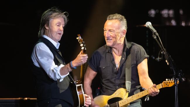 Paul McCartney performs with Bruce Springsteen as he headlines the Pyramid Stage during day four of Glastonbury Festival at Worthy Farm, Pilton on June 25, 2022 in Glastonbury, England. Picture: Samir Hussein/WireImage