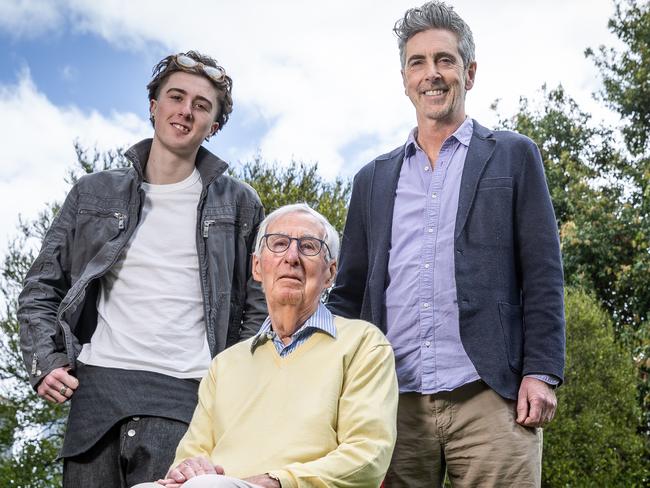 Five generations of men in James Murray's family have had prostate cancer: James (standing, right) with his dad Robin and his son Max, 19. Picture: Jake Nowakowski