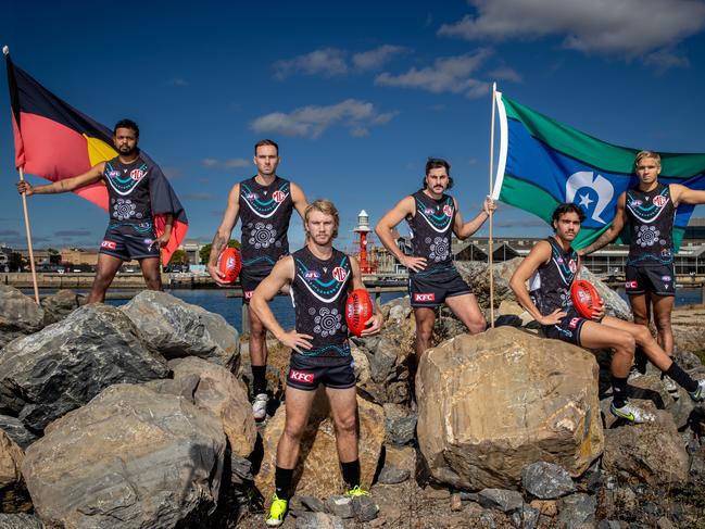 Willie Rioli, Jeremy Finlayson, Jason Horne-Francis, Lachie Jones, Jase Burgoyne and Quinton Narkle in Port Adelaide’s Sir Doug Nicholls Round jumper. Picture: Sarah Reed / AFL Photos