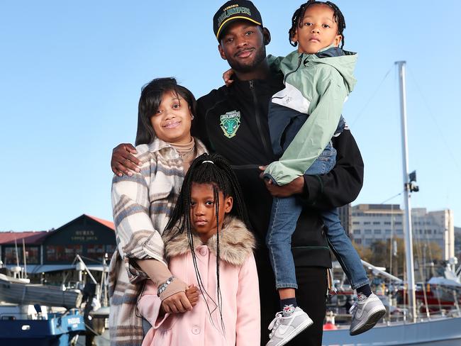 Milton Doyle with his wife Keyara, daughter Makynli, 7, and son Mase, 4, in Hobart. Picture: Nikki Davis-Jones