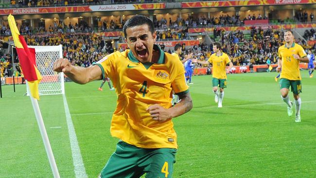 Tim Cahill  celebrates scoring his first goal in the first half during the 2015 Asian Cup match between the Australian Socceroos and Kuwait on January 9, 2015. Photo by Vince Caligiuri/Getty Images